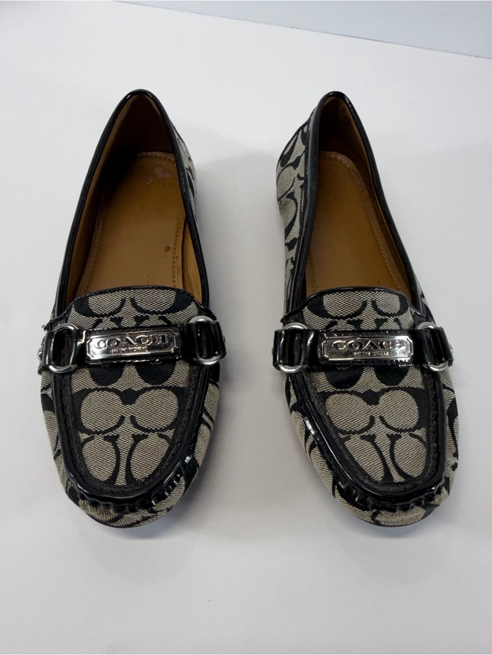 COACH Women’s Signature Canvas Black/Beige Driving Loafers SZ 7.5